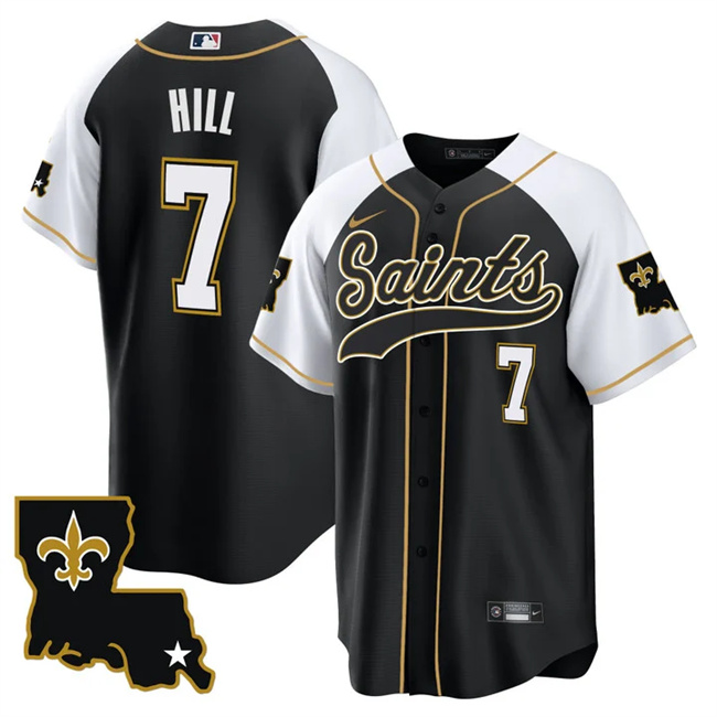 Men's New Orleans Saints #7 Taysom Hill Black/White 1987 Legacy Cool Base Stitched Baseball Jersey Men's New Orleans Saints #7 Taysom Hill Black/White 1987 Legacy Cool Base Stitched Baseball Jersey